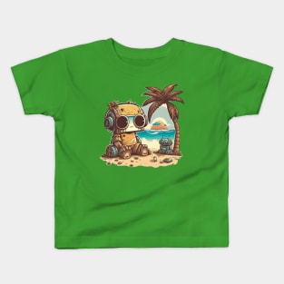 Little, cute robot relaxes under the palm tree Kids T-Shirt